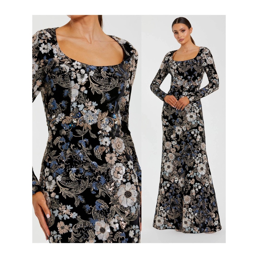 Mac Duggal Black Velvet Floral Sequin Maxi Dress with Blue and Silver Accents